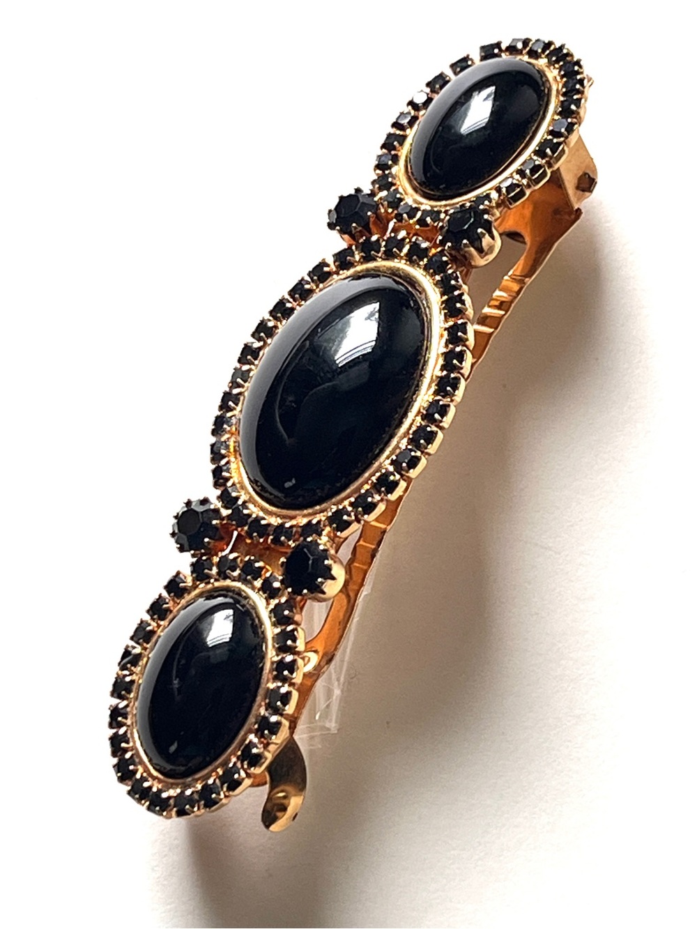 Vintage Elegant KIRKS FOLLY Gold/Jet Glass Barrette FRANCE Black Tie Formal Clip